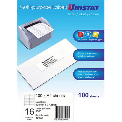 Unistat Labels 16Up 105x37mm 100 Shts / Box Laser/Inkjet/Copier